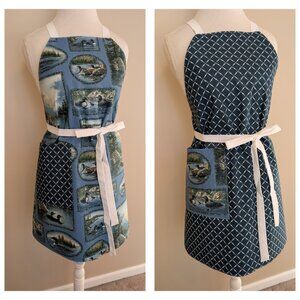 NWT Handmade Reversible Apron - blue and white lattice and ducks One Size - OOAK